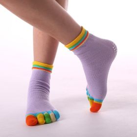 1pair Rainbow Color Non-slip Towel Bottom Yoga Socks, Cozy 5 Toes Split Knitted Calf Crew Socks, Women's Yoga Socks - Colorful Toe Light Purple - One-