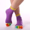 1pair Rainbow Color Non-slip Towel Bottom Yoga Socks, Cozy 5 Toes Split Knitted Calf Crew Socks, Women's Yoga Socks - Colorful Toe Deep Purple - One-s