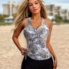 Tropical Print Round Neck Tankini Sets, Drawstring Straps Boxer Short Bottom Two Pieces Swimsuit, Women's Swimwear & Clothing - White - XL(12)