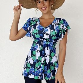 Random Print Ruffle Tankini Sets, V Neck Drawstring Tie Front Boxer Short Bottom Two Pieces Swimsuit, Women's Swimwear & Clothing - Mixed Colour - XXL