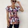 Random Print Ruffle Tankini Sets, V Neck Drawstring Tie Front Boxer Short Bottom Two Pieces Swimsuit, Women's Swimwear & Clothing - Multicolor - XL(12