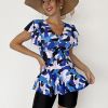 Random Print Ruffle Tankini Sets, V Neck Drawstring Tie Front Boxer Short Bottom Two Pieces Swimsuit, Women's Swimwear & Clothing - Blue - XL(12)