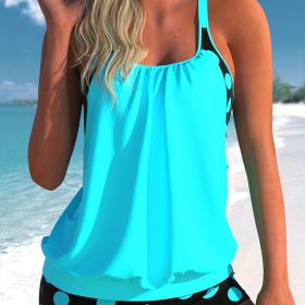 Plus Size Casual Swimsuit Set, Women's Plus Colorblock Dot Print Cut Out Round Neck Cami Top & Shorts Bathing Suit Two Piece Set - Cyan - 2XL(16)