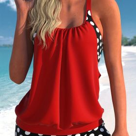 Plus Size Casual Swimsuit Set, Women's Plus Colorblock Dot Print Cut Out Round Neck Cami Top & Shorts Bathing Suit Two Piece Set - Red - 2XL(16)