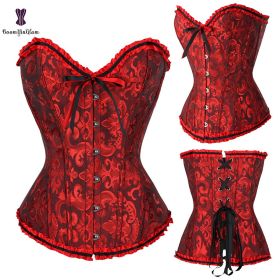 Sexy Women Steampunk Clothing Gothic Plus Size Corsets Lace Up Boned Overbust Bustier Waist Cincher Body Shaper Corselet S-6XL - 810 dark red - M