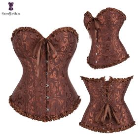 Sexy Women Steampunk Clothing Gothic Plus Size Corsets Lace Up Boned Overbust Bustier Waist Cincher Body Shaper Corselet S-6XL - 810 coffee - XL