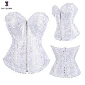 Sexy Women Steampunk Clothing Gothic Plus Size Corsets Lace Up Boned Overbust Bustier Waist Cincher Body Shaper Corselet S-6XL - 819 white - L