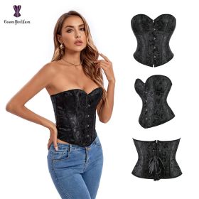Sexy Women Steampunk Clothing Gothic Plus Size Corsets Lace Up Boned Overbust Bustier Waist Cincher Body Shaper Corselet S-6XL - 883 black - XXXL