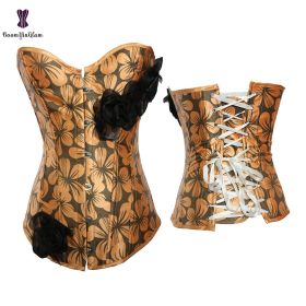 Sexy Women Steampunk Clothing Gothic Plus Size Corsets Lace Up Boned Overbust Bustier Waist Cincher Body Shaper Corselet S-6XL - 825 yellow - 5XL