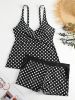 Solid Color Polka Dot Two Pieces Swimsuit, V Neck Mid-Stretch Boxer Short Bottom Bathing Suit, Women's Swimwear & Clothing - Green - L(8/10)