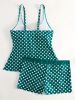Solid Color Polka Dot Two Pieces Swimsuit, V Neck Mid-Stretch Boxer Short Bottom Bathing Suit, Women's Swimwear & Clothing - Green - L(8/10)