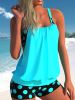 Plus Size Casual Swimsuit Set, Women's Plus Colorblock Dot Print Cut Out Round Neck Cami Top & Shorts Bathing Suit Two Piece Set - Cyan - 1XL(14)