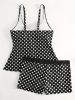Solid Color Polka Dot Two Pieces Swimsuit, V Neck Mid-Stretch Boxer Short Bottom Bathing Suit, Women's Swimwear & Clothing - Black - M(6)