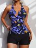 Tropical Print Round Neck Tankini Sets, Drawstring Straps Boxer Short Bottom Two Pieces Swimsuit, Women's Swimwear & Clothing - Mixed Colour - XXL(14)
