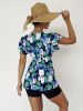 Random Print Ruffle Tankini Sets, V Neck Drawstring Tie Front Boxer Short Bottom Two Pieces Swimsuit, Women's Swimwear & Clothing - Pink - M(6)
