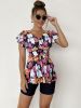 Random Print Ruffle Tankini Sets, V Neck Drawstring Tie Front Boxer Short Bottom Two Pieces Swimsuit, Women's Swimwear & Clothing - Multicolor - L(8/1