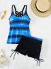 Striped Print Round Neck Tankini Sets, Criss Cross Strap Drawstring Boxer Short Bottom Two Pieces Swimsuit, Women's Swimwear & Clothing - Dodger Blue