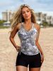 Tropical Print Round Neck Tankini Sets, Drawstring Straps Boxer Short Bottom Two Pieces Swimsuit, Women's Swimwear & Clothing - White - XL(12)