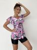 Random Print Ruffle Tankini Sets, V Neck Drawstring Tie Front Boxer Short Bottom Two Pieces Swimsuit, Women's Swimwear & Clothing - Pink - M(6)