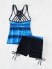 Striped Print Round Neck Tankini Sets, Criss Cross Strap Drawstring Boxer Short Bottom Two Pieces Swimsuit, Women's Swimwear & Clothing - Dodger Blue