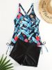 Tropical Print Round Neck Tankini Sets, Drawstring Straps Boxer Short Bottom Two Pieces Swimsuit, Women's Swimwear & Clothing - White - S(4)