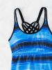 Striped Print Round Neck Tankini Sets, Criss Cross Strap Drawstring Boxer Short Bottom Two Pieces Swimsuit, Women's Swimwear & Clothing - Dodger Blue